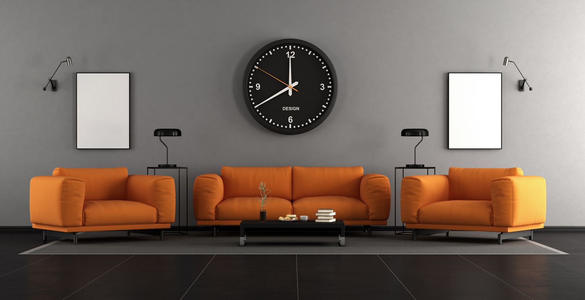 Modern living room with orange furniture